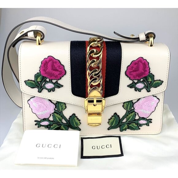 Gucci Handbags - NWT Gucci Embroidered Sylvie Small shoulder bag In White